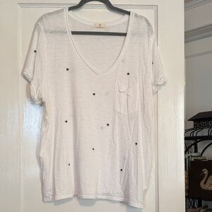 Anthropologie T.La White V-Neck Pocket Tee with Black Star Accents